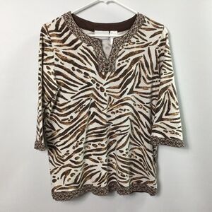Alfred Dunner  womens top brown white Tiger animal print sequin size‎ S